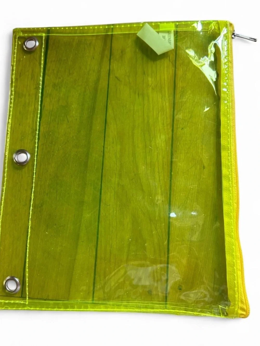 Clear Neon Lime Vinyl Zipper Pouch with Binder Holes
